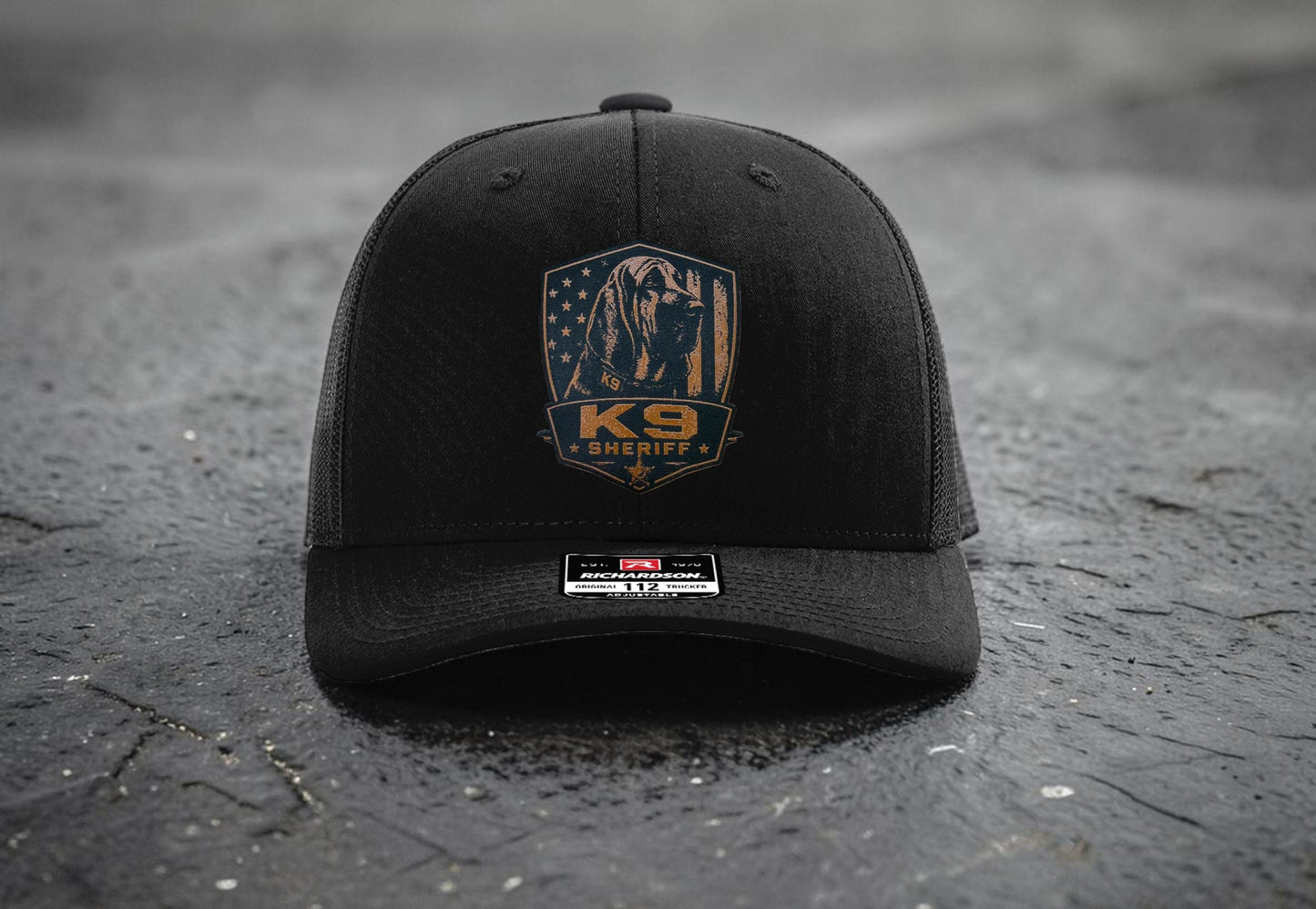 Custom K9 Leather Patch Hat – German Shepherd, Belgian Malinois, Bloodhound – Police or Sheriff – Laser Engraved Richardson 112 Style Hat