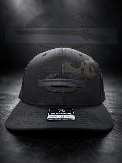 Combat Infantry Badge Leather Patch Hat – Tactical Military Hat – Veteran Gift – Richardson 112 Trucker – Custom Engraved Patch