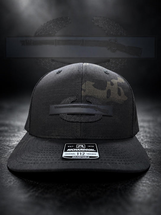 Combat Infantry Badge Leather Patch Hat – Tactical Military Hat – Veteran Gift – Richardson 112 Trucker – Custom Engraved Patch