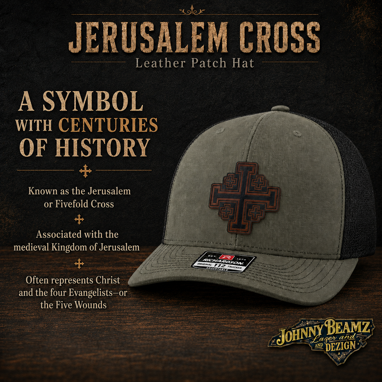 Jerusalem Cross Leather Patch Hat, Christian Trucker Cap, Fivefold Cross Faith Gift for Men