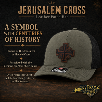 Jerusalem Cross Leather Patch Hat, Christian Trucker Cap, Fivefold Cross Faith Gift for Men
