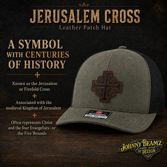 Jerusalem Cross Leather Patch Hat, Christian Trucker Cap, Fivefold Cross Faith Gift for Men