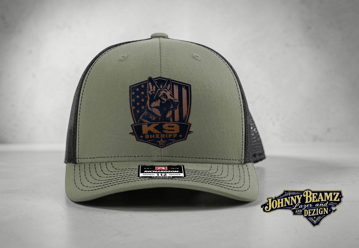 Custom K9 Leather Patch Hat – German Shepherd, Belgian Malinois, Bloodhound – Police or Sheriff – Laser Engraved Richardson 112 Style Hat