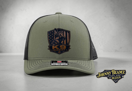 Custom K9 Leather Patch Hat – German Shepherd, Belgian Malinois, Bloodhound – Police or Sheriff – Laser Engraved Richardson 112 Style Hat