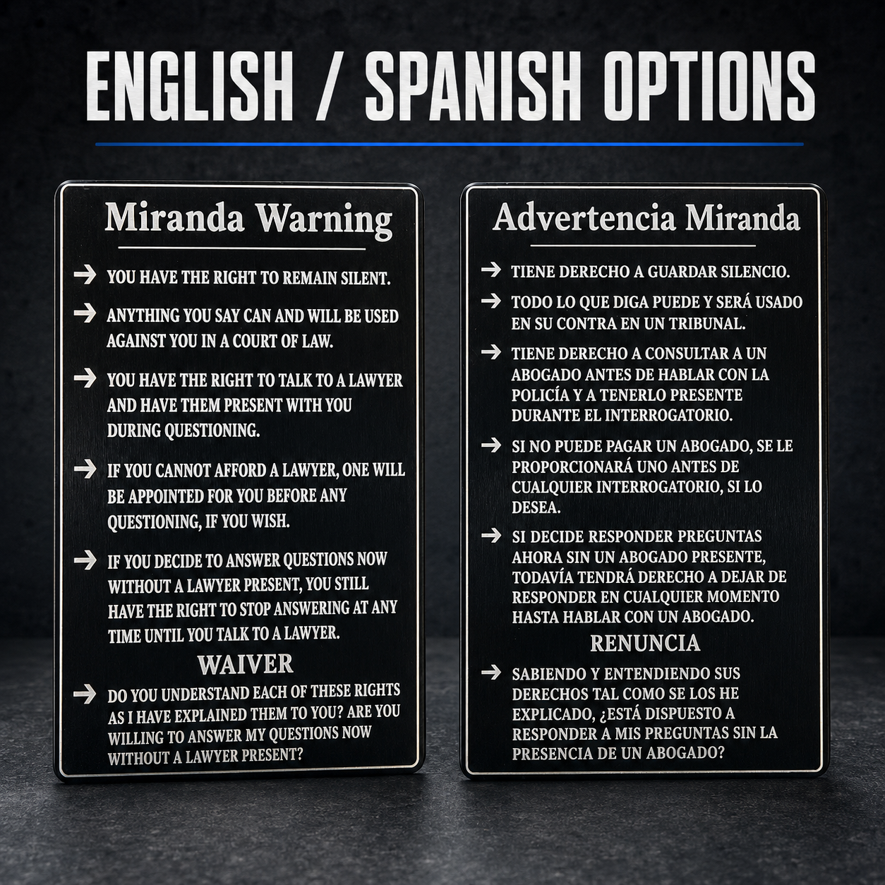 Metal Miranda Warning Card
