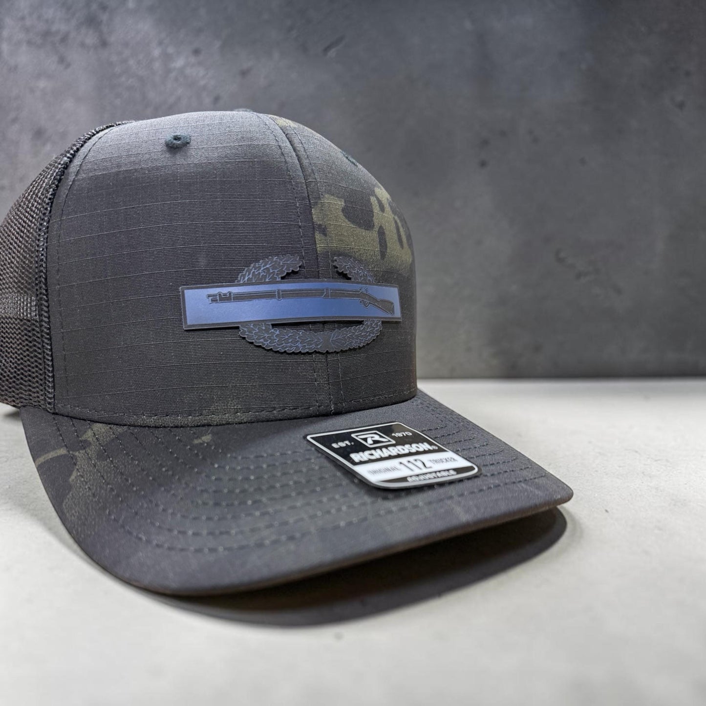 Combat Infantry Badge Leather Patch Hat – Tactical Military Hat – Veteran Gift – Richardson 112 Trucker – Custom Engraved Patch